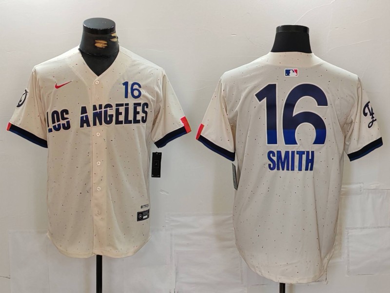 Men's Los Angeles Dodgers #16 Will Smith Cream 2024 City Connect Limited Stitched Baseball Jersey Men's Los Angeles Dodgers #16 Will Smith Cream 2024 City Connect Limited Stitched Baseball Jersey
